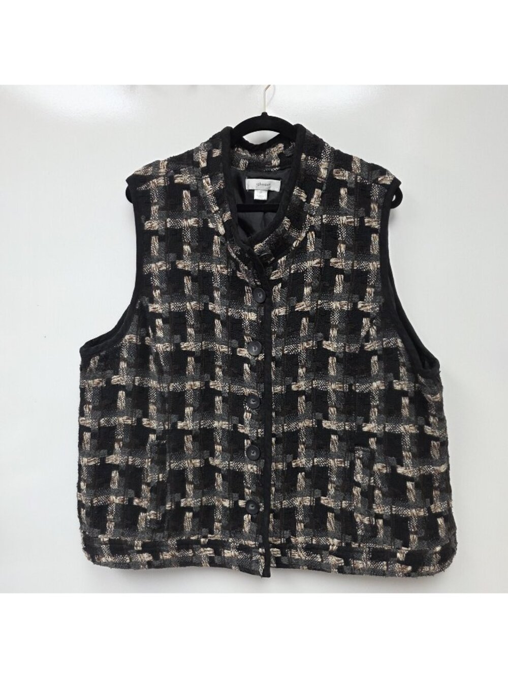 CJ Banks Vest Womens 3X Black Plaid Tweed Button Front Lined Pockets Collared